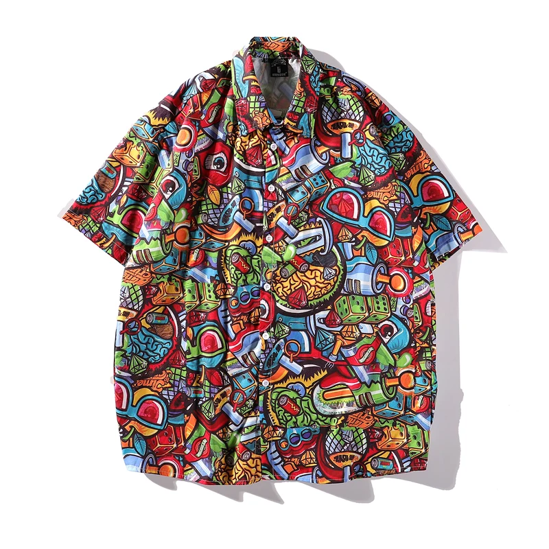 
Wholesale price new design environmental protection custom graffiti printing 100% rayon viscose Hawaiian shirt for men 
