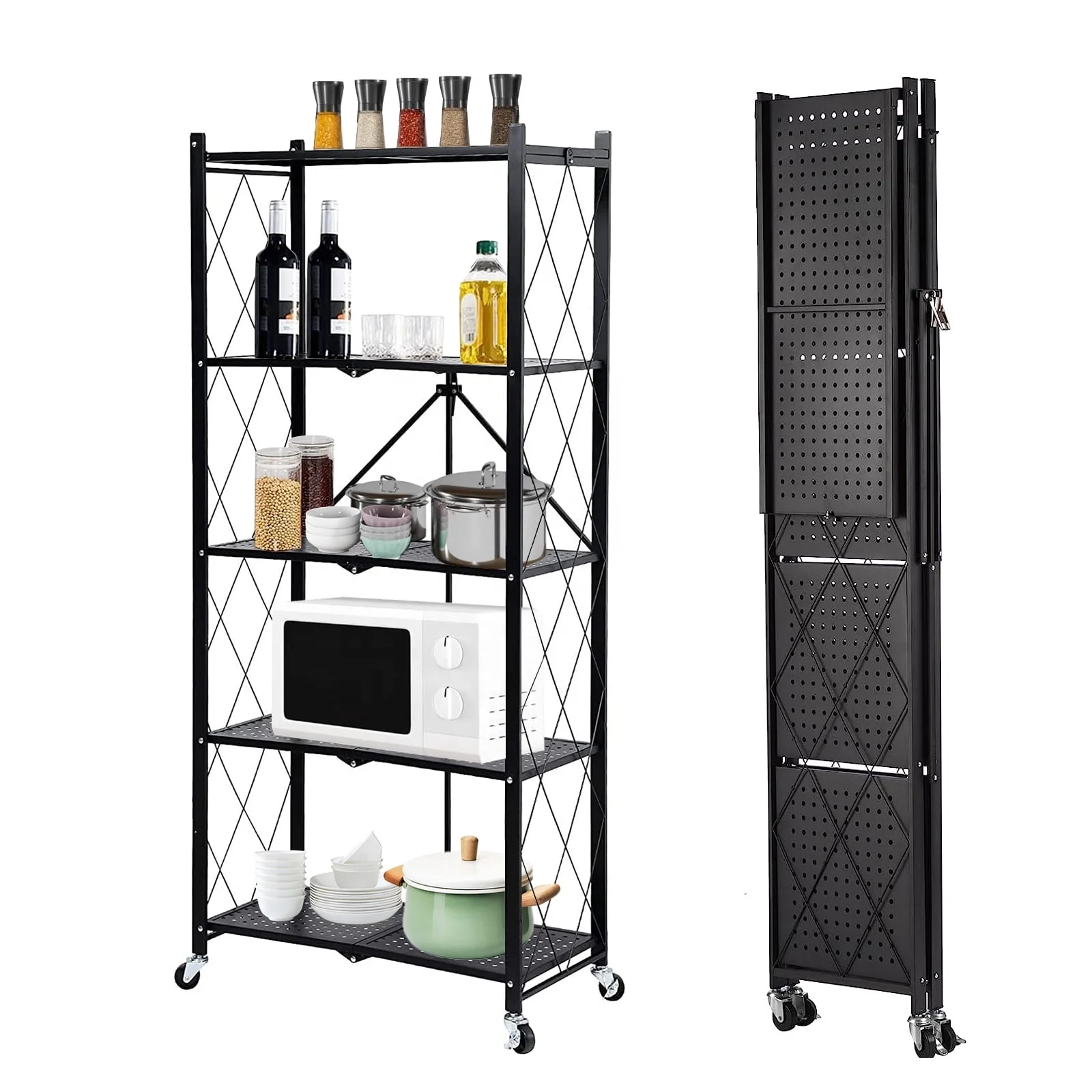 Installation-Free Household Folding Black Mobile Kitchen Folding Storage Shelf Microwave Oven Foldable Rack Organizer