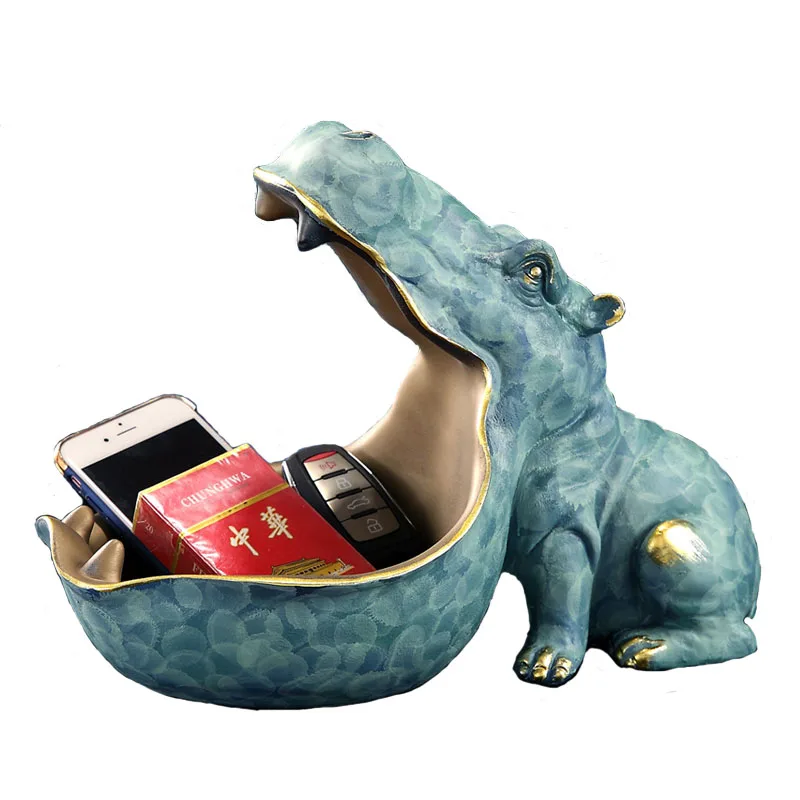 Hot Selling Resin Hippo Statue Hippopotamus Sculpture Figurine Crafts Key Candy Container Decoration Home Table Accessories