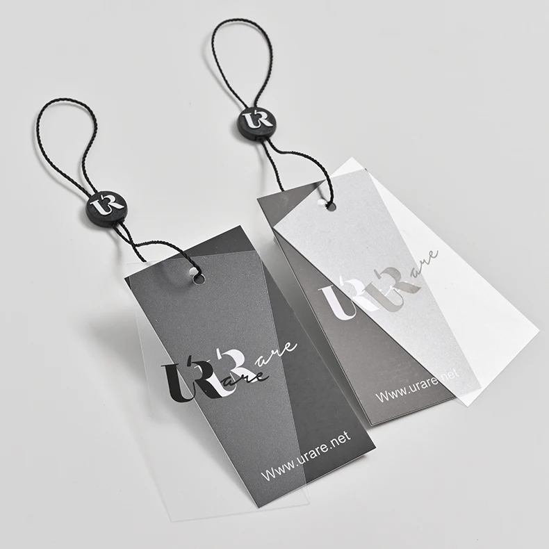 Custom Printed Logo Clear PVC Hangtags Garment Clothes Tags, Luxury Swing Tags Set String Pin Design Paper Clothing Hang Tags