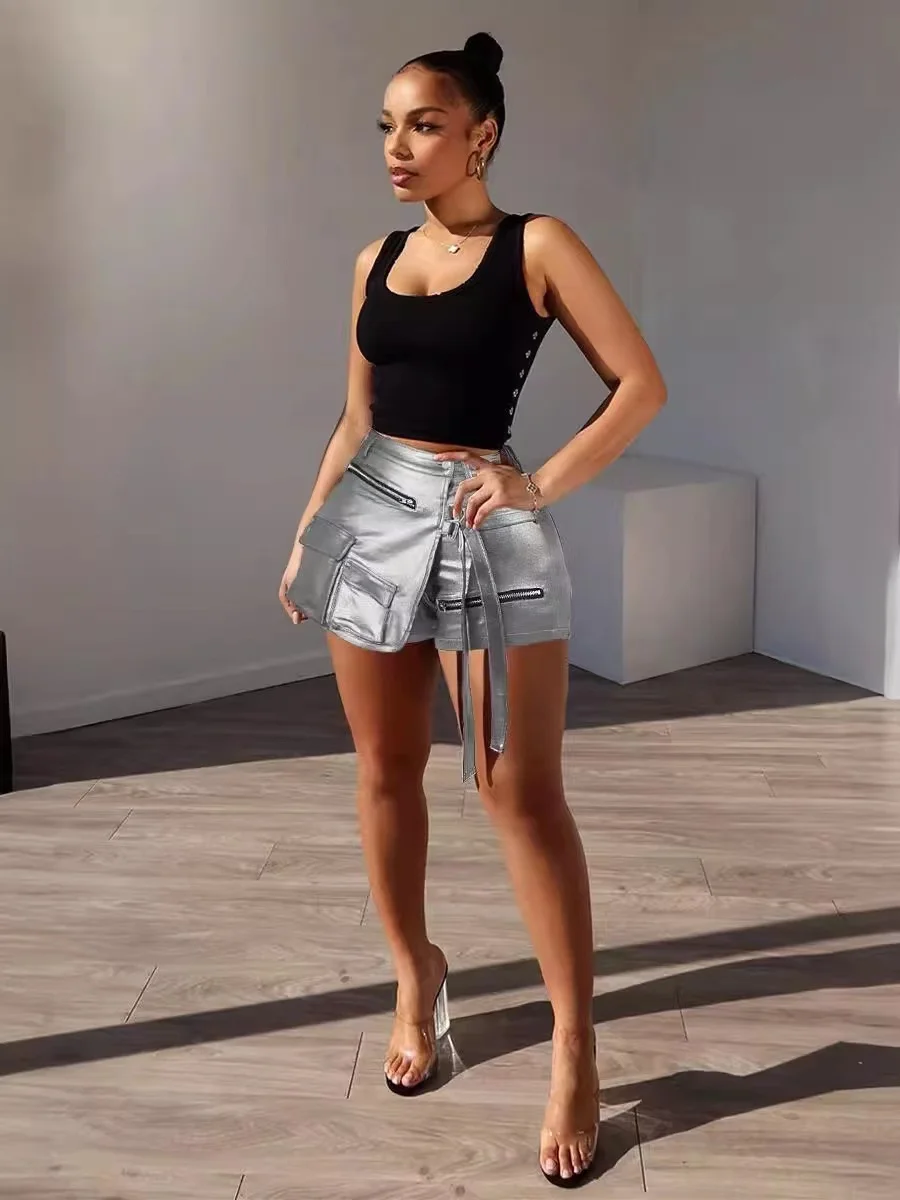 New Women neon green Shiny PU Short  Skirts Pants High Waist Pockets Cargo Shorts Lady Casual Summer Overalls Pants