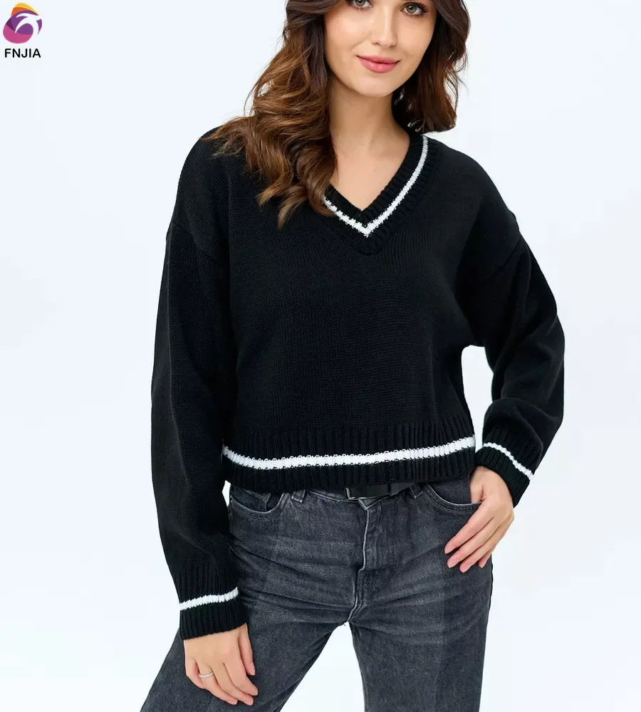 Custom FNJIA Oem & Odm Autumn And Winter Long Sleeve Jumper V-Neck Campus Style Jacquard Pullover Knitwear Sweater For Women