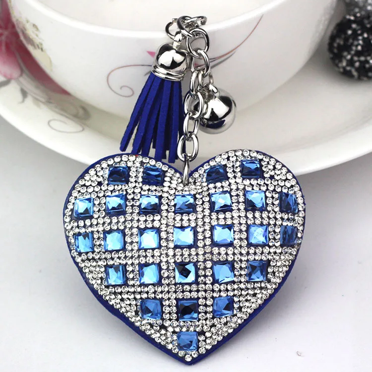 Hot Selling Fashion Korean Velvet Glass Rhinestone Bling Sparkling Peach Heart Keychain For Car Keys