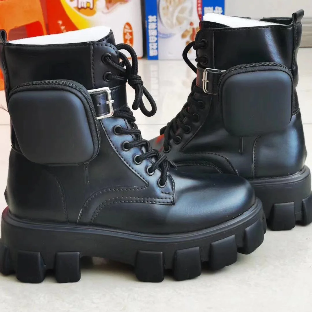 Autumn Big Size Anti-slip Thick Sole Lace Up Women Boots Buckle Round Toe Ankle Boots For Lady Platform Pocket Ornament Booties