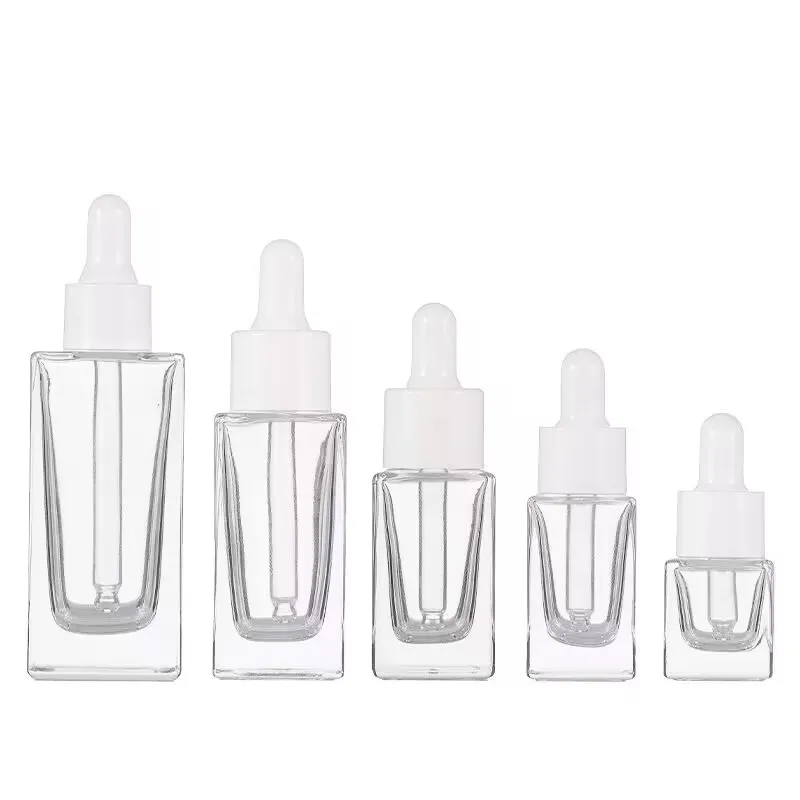 Cosmetic Skincare Packaging square Clear Amber Beard Hair Essential Oil Serum Glass Bottle with pipette Dropper