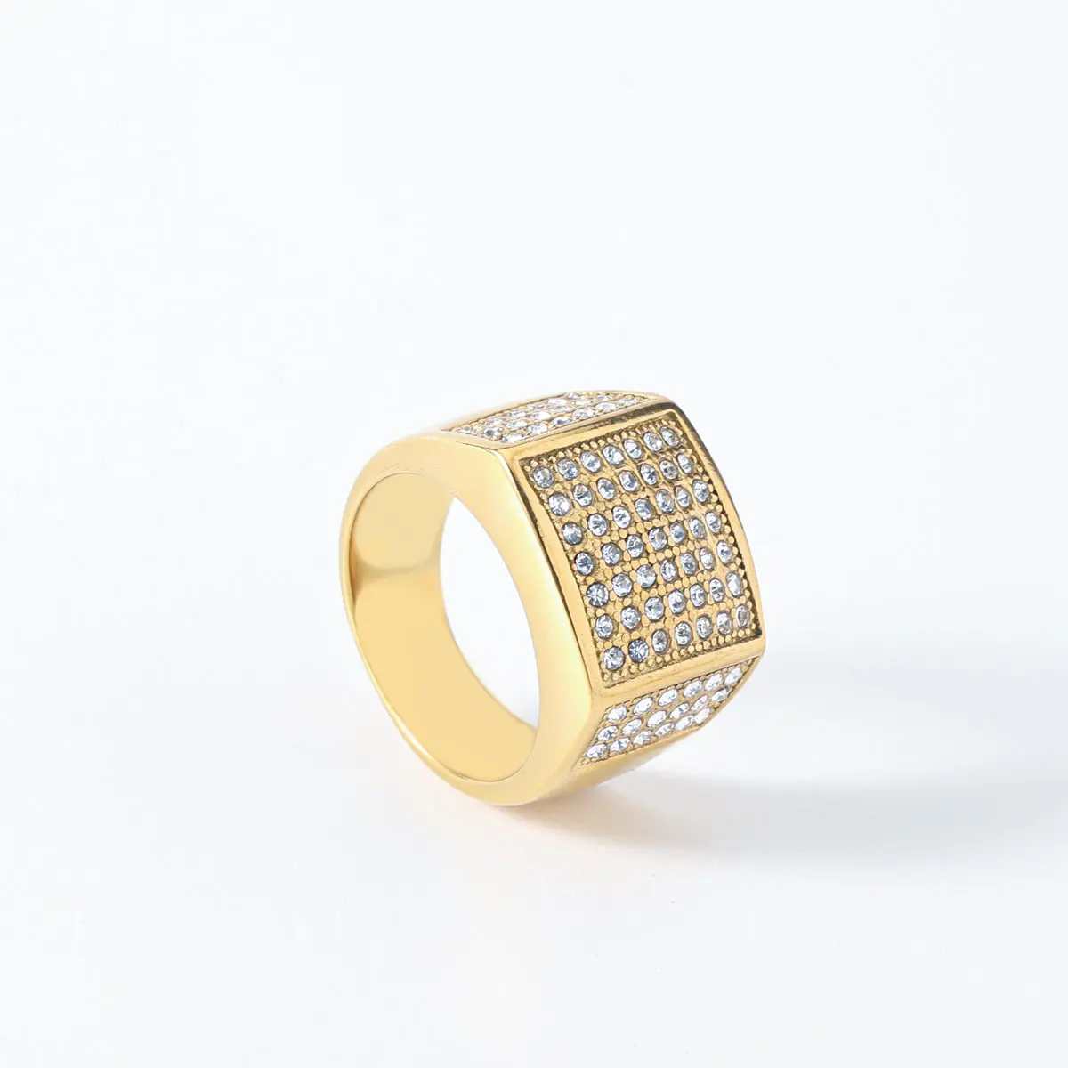 Fashion Men Accessories 316L Stainless Steel Plated 18K Gold Full Diamond Zircon Geometry Wide Square Rings For Man