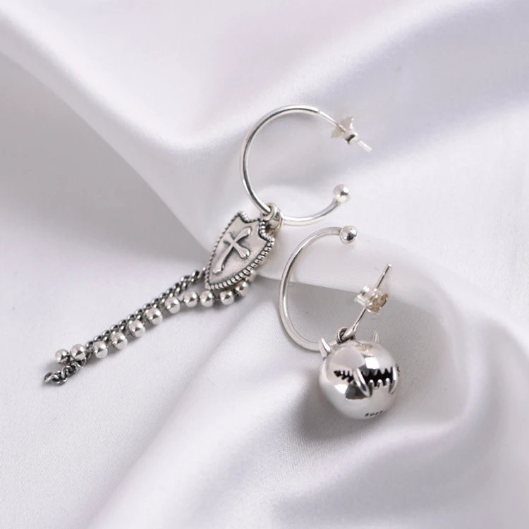 Wholesale 100% S925 Sterling Silver Earrings retro rock little Warcraft cross shield Silver Chain Earrings Jewelry for women