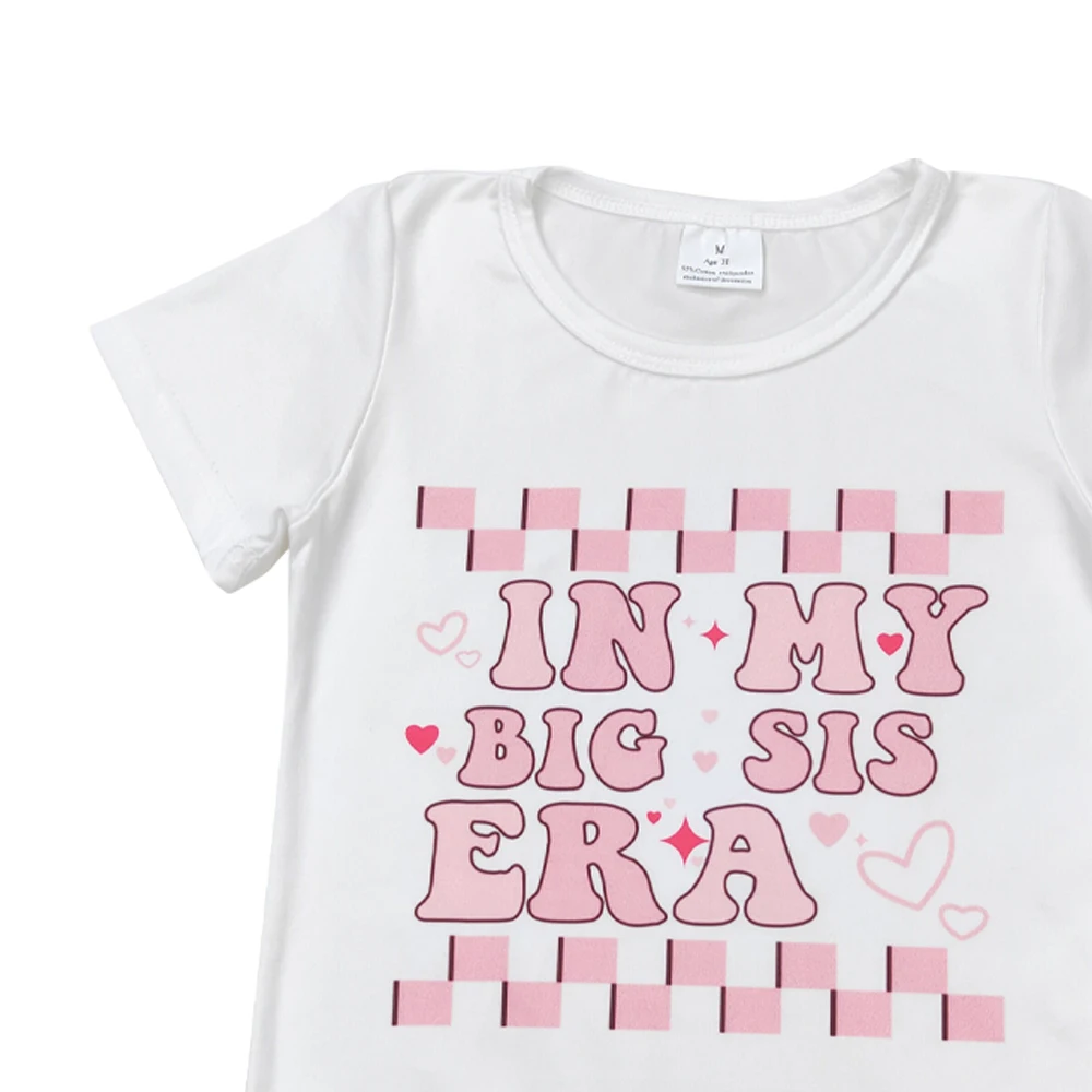 GT0556 in my big sis era. Letter pink and white checked short-sleeved top children clothing job lot