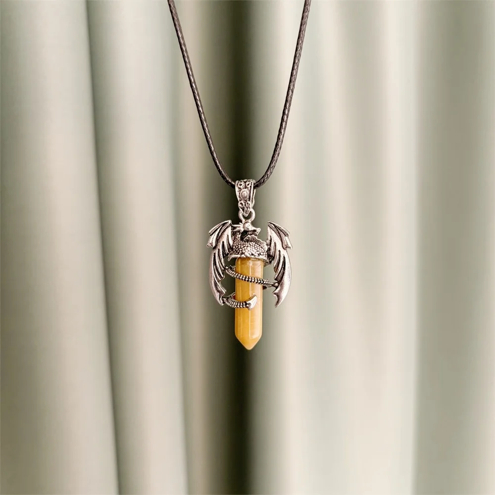 Natural amethyst powder hex prism dragon pendant men women necklaces