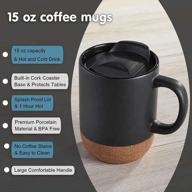 Wholesale Cork Base Ceramic Mugs High Quality Wooden Base Mugs 15oz Ceramic Mugs With Lids and Handle