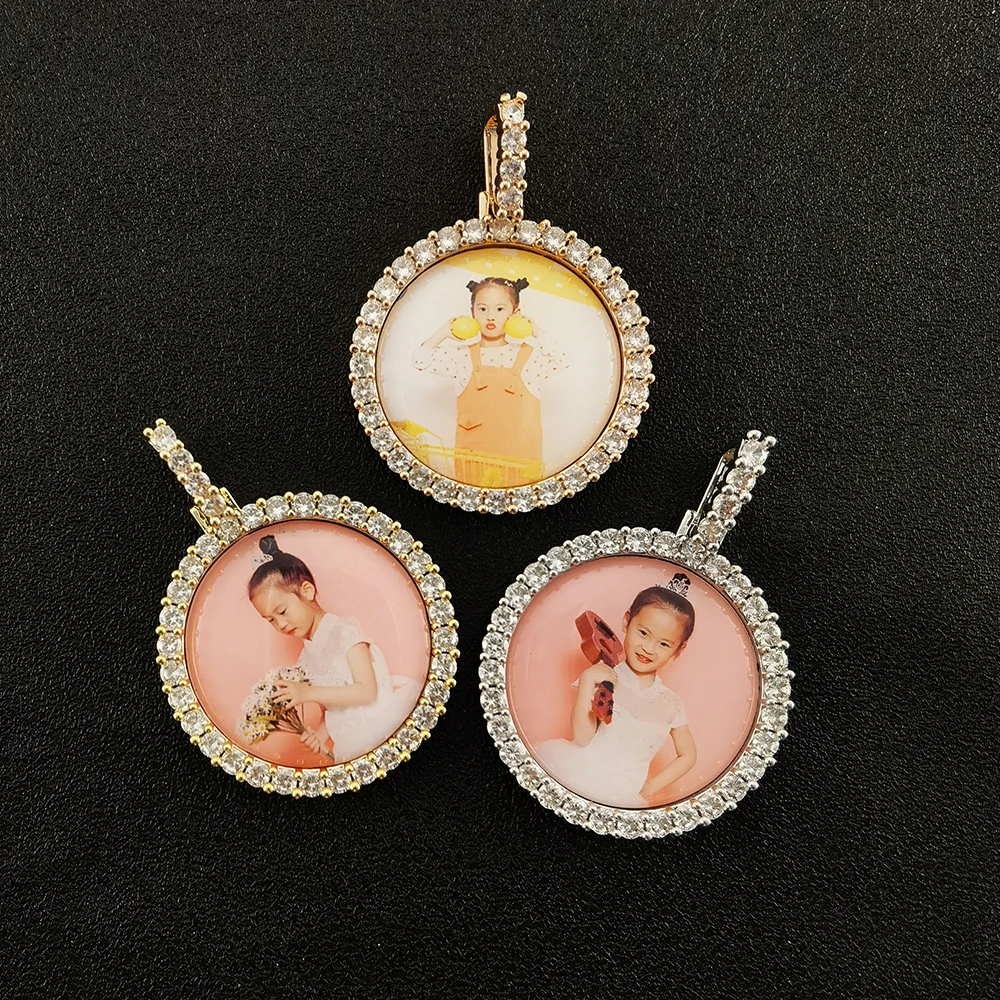 New Custom Hip Hop Gold Silver Color Cubic Zircon Jewelry CZ personalized round photo sublimation necklace pendant