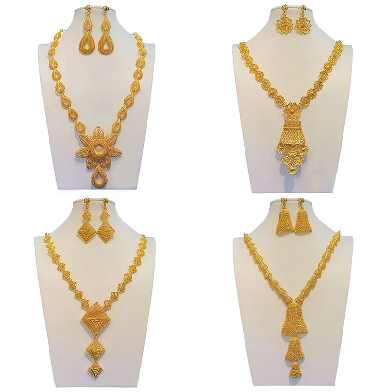 24K Gold Plated Dubai Africa Earrings and Necklace Set Luxury Wedding Accessories Bridal Jewelry Sets for Women