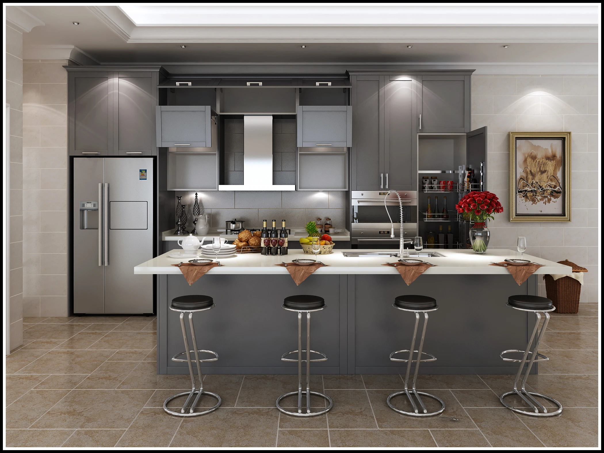 Welbom Modern Style Urban Grey Matt Paint Marble Spraying Professional 2 Pac Kitchen Cabinet Painting Set with Pantry Cupboard