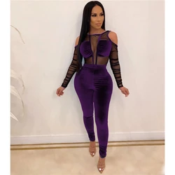 2020 new design black zipper mesh patchwork tight bodycon club wears women jumpsuits