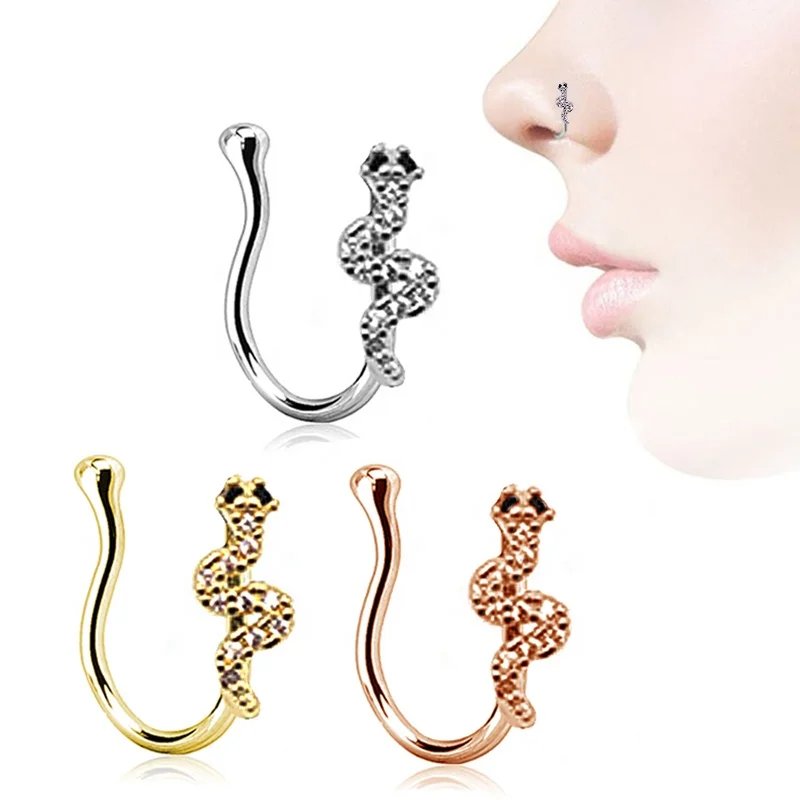 Xjy OEM sexy nose ring snake nose cuffs  clip on nose hoop  CZ non piercing  jewelry for woman man