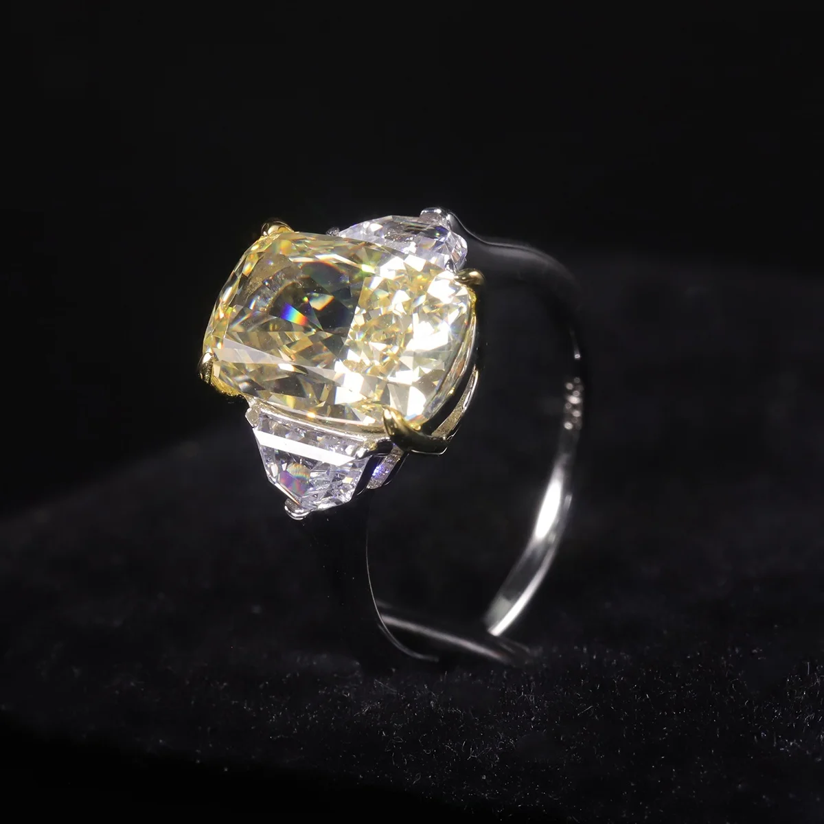 AR512 Abiding Fine Jewelry Crush Ice Cushion Cut 8x12MM Light Yellow Cz Three Stones 925 Silver Engagement Ring