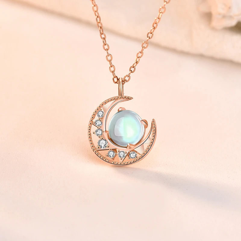 Aimgal Jewelry Rose Gold 925 sterling silver moonstone star and moon pendant Necklace dainty Christmas gift