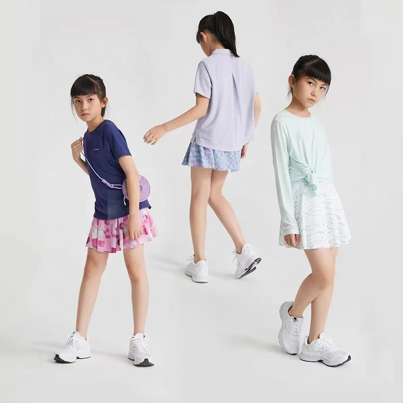 New girls pleated printed skirt children sport mini nude breathable mesh waist skirts with shorts tight badminton tennis set