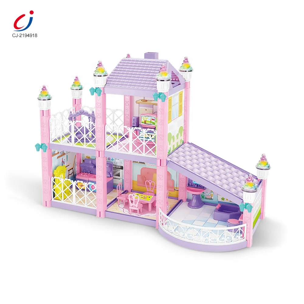 Kids play plastic hand-assembled building blocks sets diy miniature furniture doll villa house girls toys doll house with light