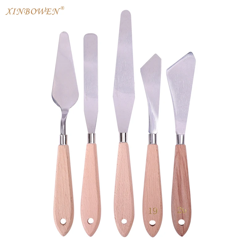 Xinbowen Natural Wood Handle Stainless Steel Spatula Palette Knives For Oil Painting Acrylic Mixing Special Effects
