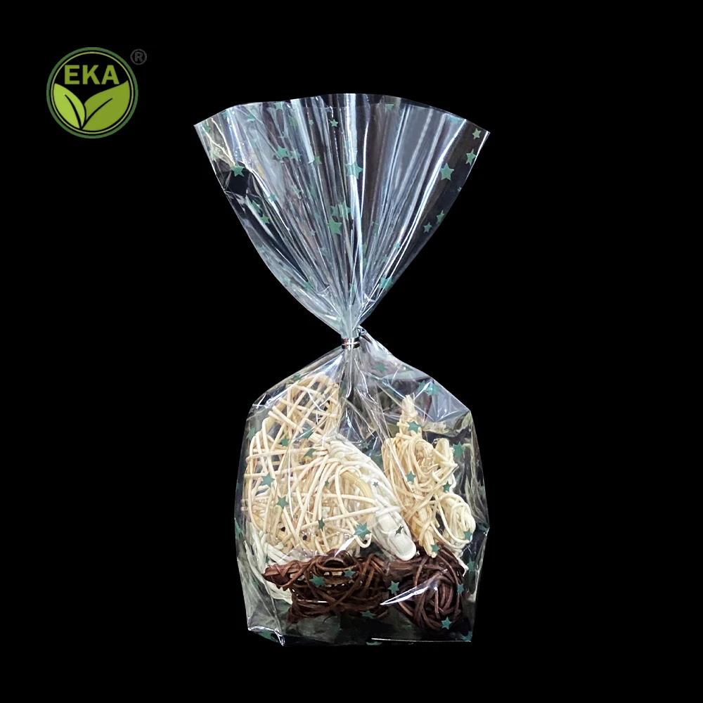 Custom Logo Christmas Transparent Cellophane Flat Bottom Food Bags Opp Clear Plastic Candy Bag With Twist Tie
