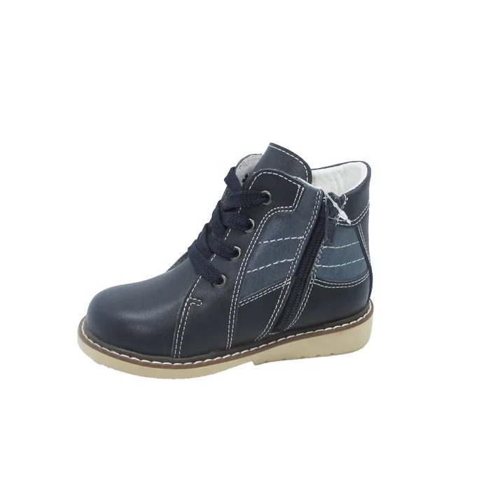 OEM manufacture kids top layer leather orthopedic ankle boots shoes with lace up design
