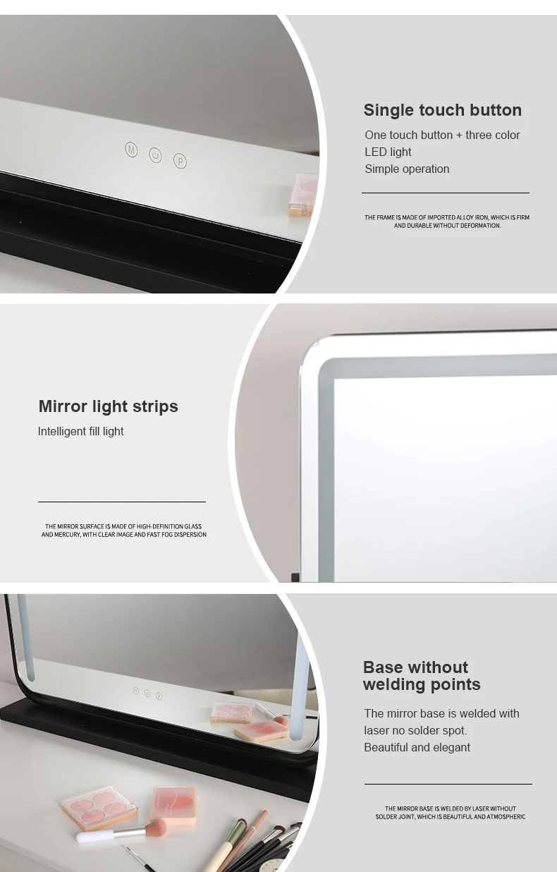 Dressing Room Bedroom Tabletop Touch Control 3 Color Lighted Up Large Vanity Makeup Mirror with Lights Dimming Led Strips