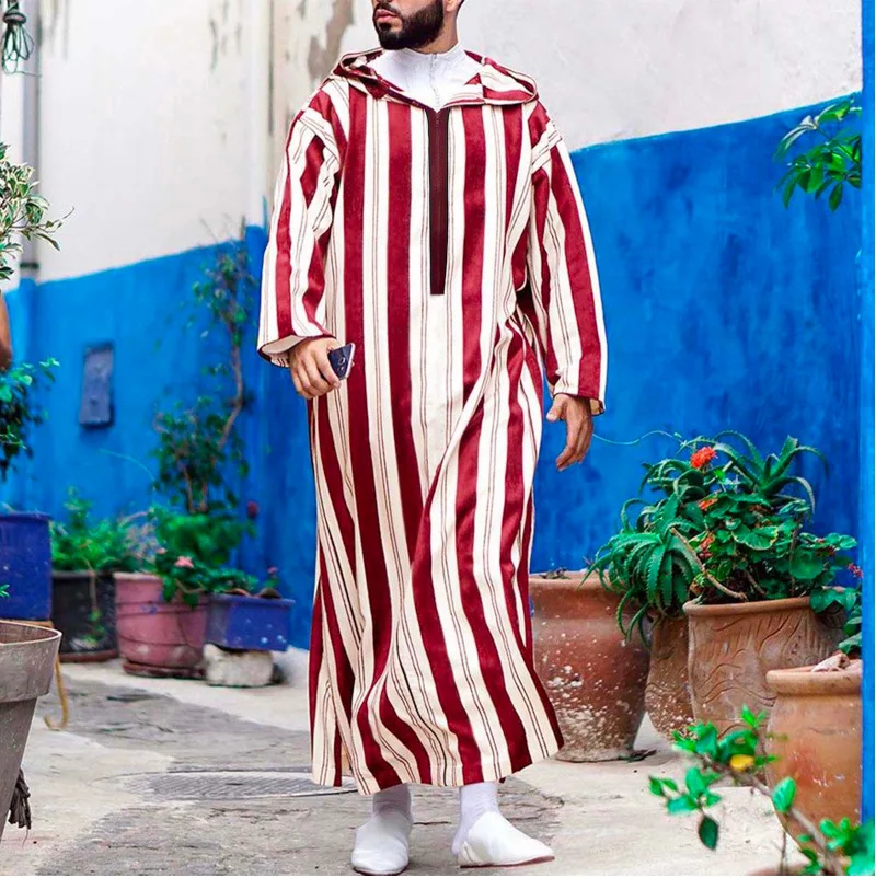 2025  IKF Top quality strip Morocco men thobe with hoodie Large Size Arab Muslim Wear Robe Solid Long Sleeve Islamic Men thobe