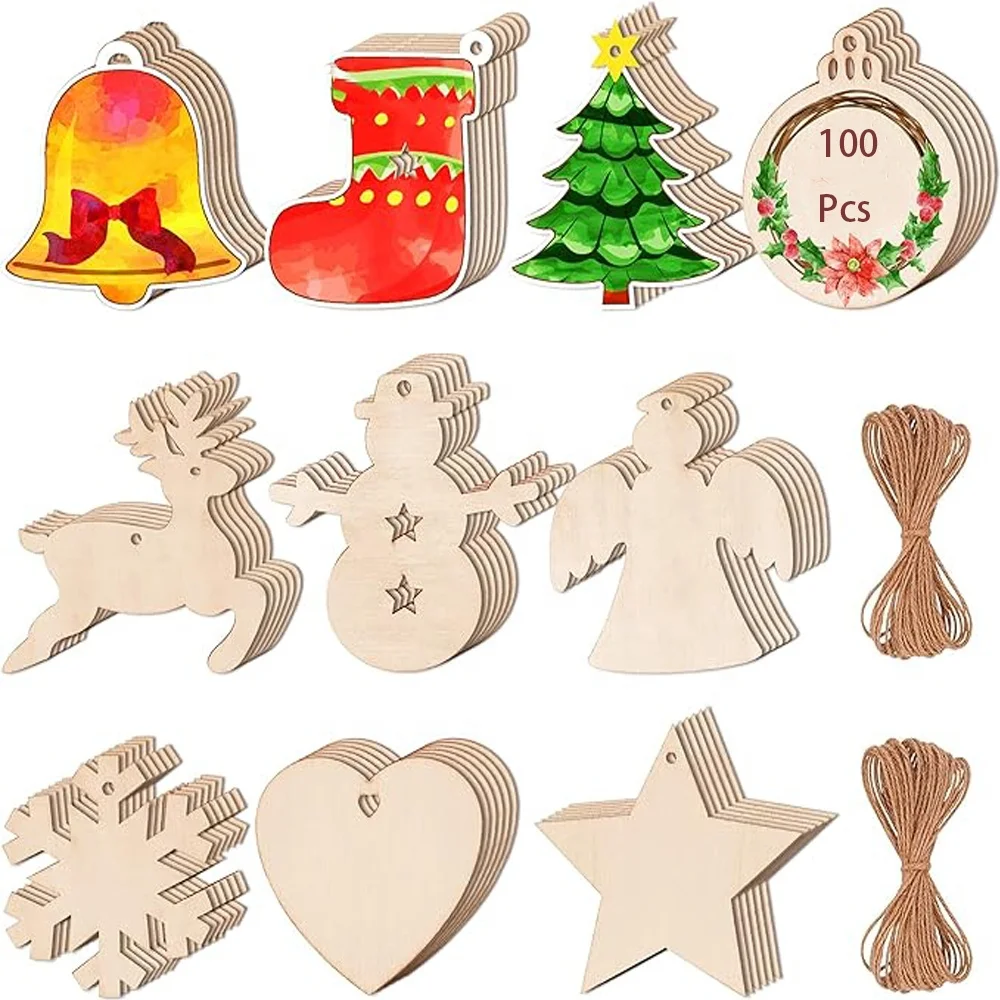 100 Pcs Natural Wood Slices   Christmas Ornaments DIY Crafts   Decorative gasket  Easter Festival decorations 10 Shapes