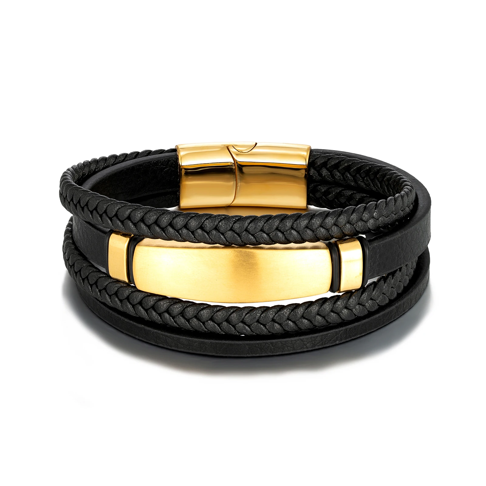 Personalized Jewelry Mens Bracelets Black Leather ID Bar Bracelet Real Leather Jewelry for Men