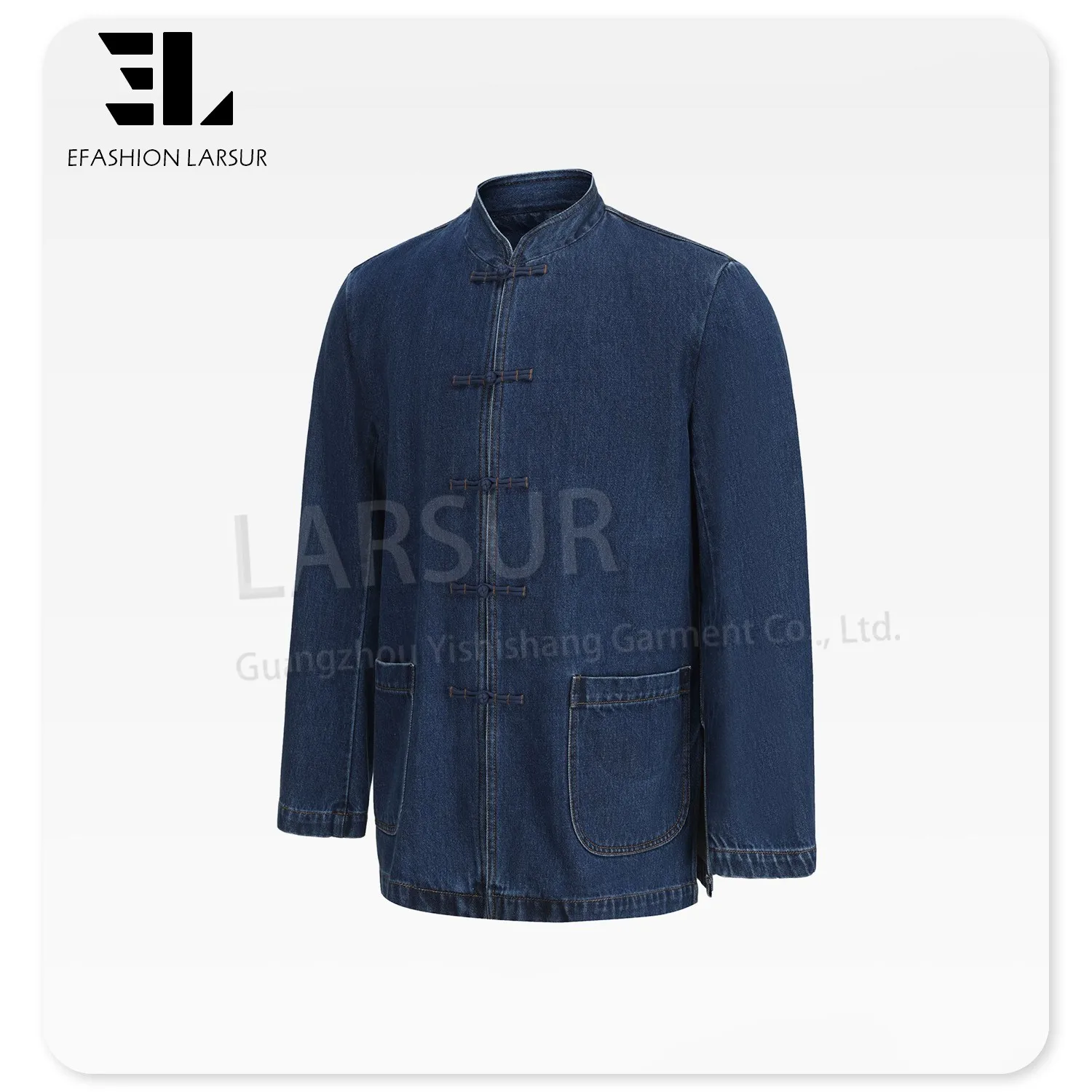 LARSUR clothing manufacturers custom New Chinese Style denim jacket with chinese closure frog knots denim tang suit jacket