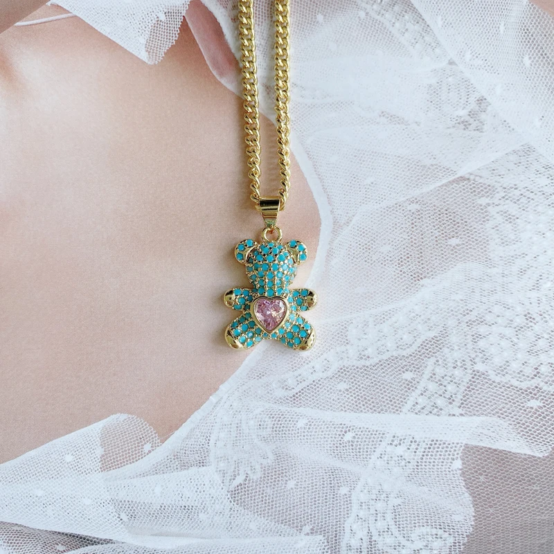 18K Gold Plated Multi Color Cubic Zircon Crystal Cute Bear Pendant Chain Animal Necklace