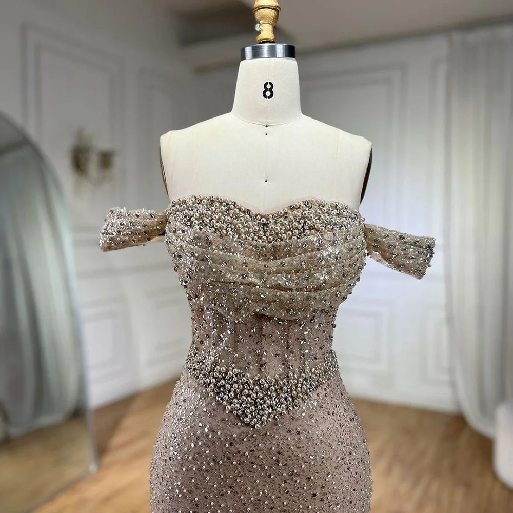 Serene Hill Dubai Arabia Nude Elegant Mermaid Evening Dresses Gowns Luxury Pearls Beaded 2024 For Women Wedding Party LA72270