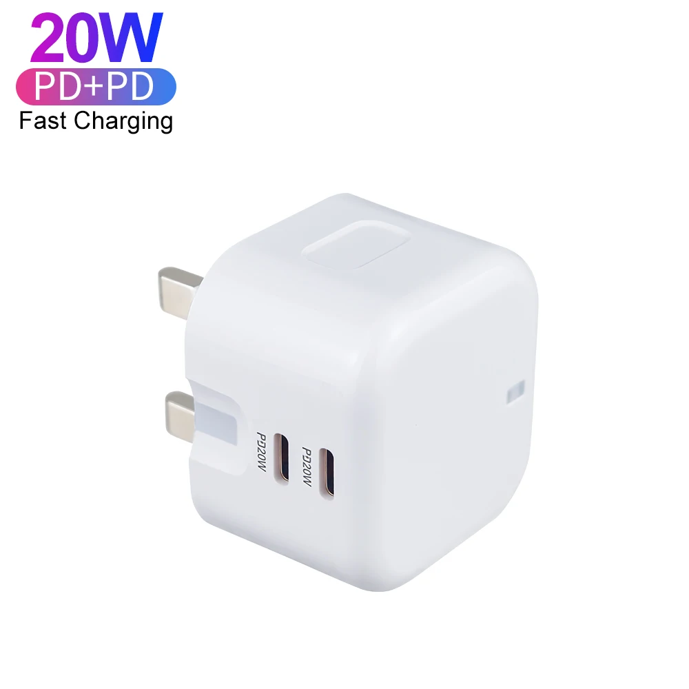 Charger UK Dual 20W USB C Port PD Fast Charger Type C Foldable Wall Charger UK Plug for iPhone 15 14 13 Pro Max