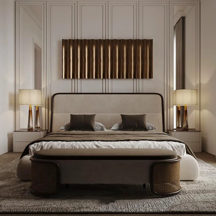 Wholesale full set single twin queen king size bedroom furniture linen fabric bed for Modern 5 star hotel