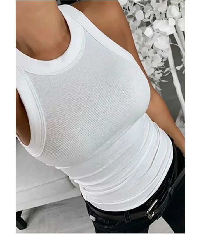 High quality polyester crew-neck ribbed sleeveless tight knit crop vest fashion women casual gym sports tank top solid