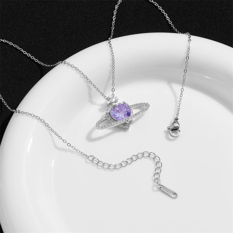 Fashion Gold Plated Brass Romantic Planet Saturn Love Heart Colorful CZ Zircon Crystal  Pendant Necklace for Women Gifts
