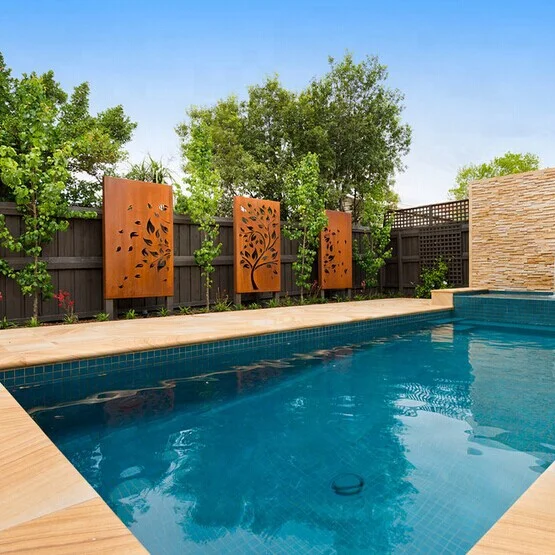 laser cut decorative privacy garden Free standing tree leaf design art pattern corten steel natural rust metal screen