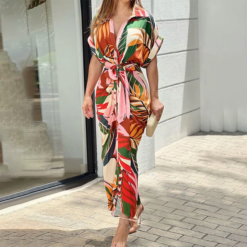 Trendy Custom Dresses Women Customized Print LOGO Pattern Summer Beach Dresses Vacation Shirt Collar Loose Printed Dress