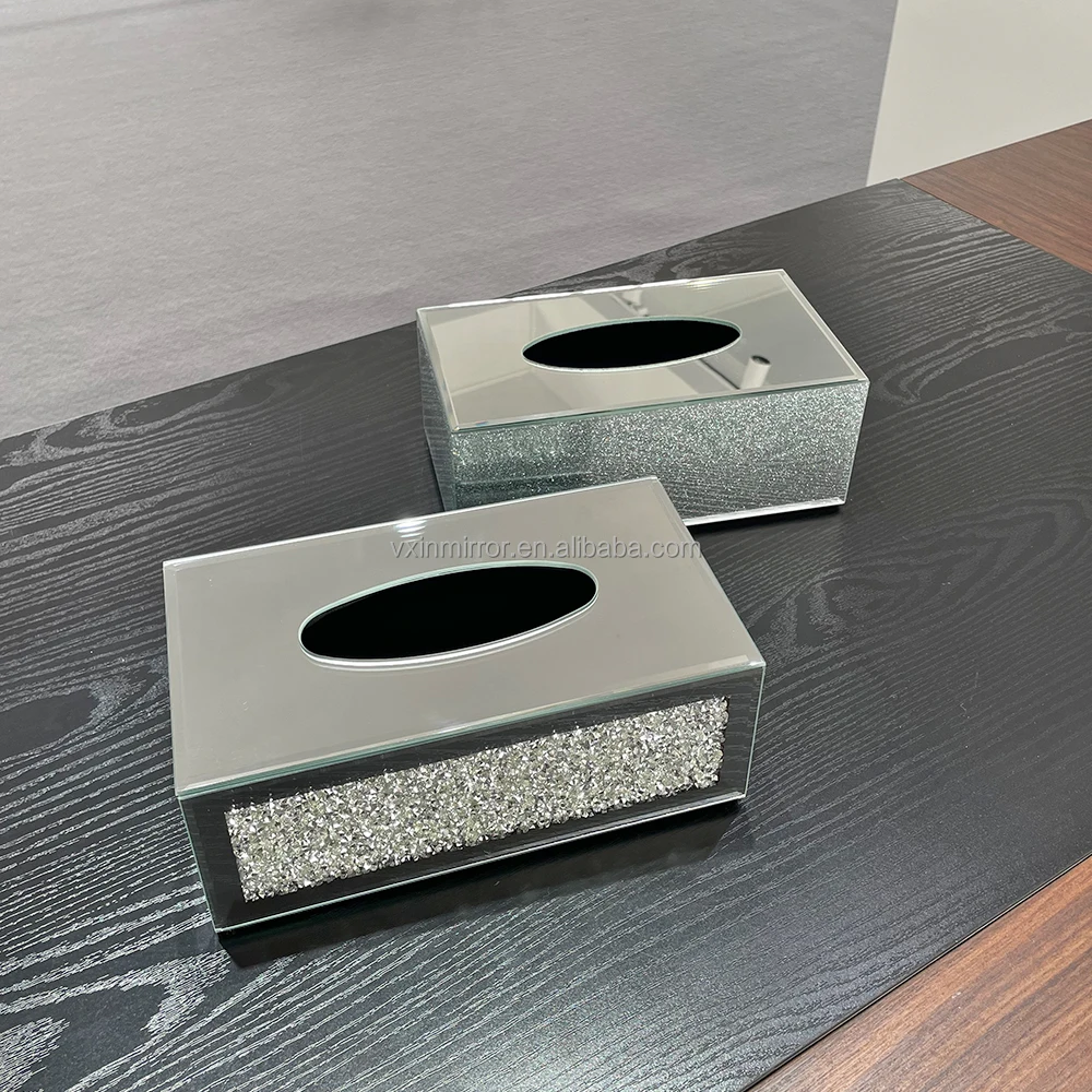 Wholesale silver mirror tissue box holder glitter glass home decor napkin holder table kitchen living room bedroom drawer box