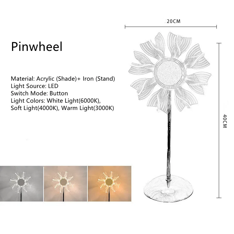 Newest Wholesale Acrylic 3d Sunflower Pinwheel 3 Colors Change Led Night Light Base Creative Table Lamp Bedside For Home Decor