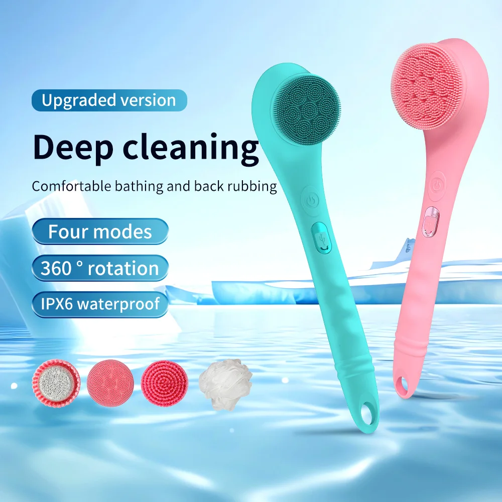 Waterproof Spin Washing Body Brush 4 Function Silicone Back Scrubber Electric Shower Body Massage Brush