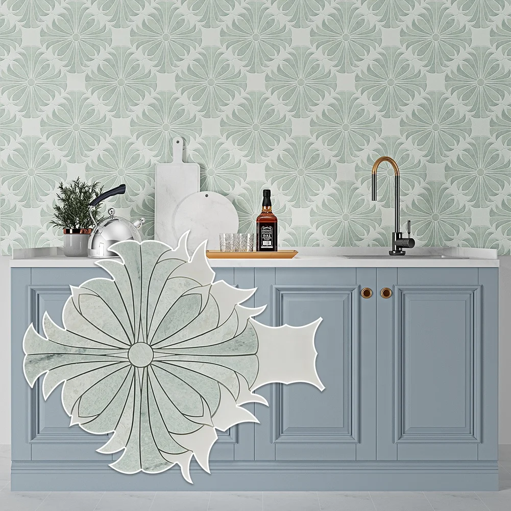 Century Mosaic New Original Design Flower Green And White Waterjet Marble Mosaic Floor Wall Mosaic