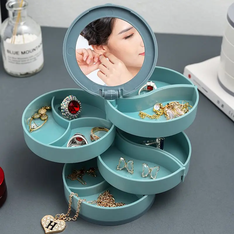 Jewelry Earrings Storage Box Necklace Accessories Desk Container Cover Dustproof Storage Box Rotating Multi-layer