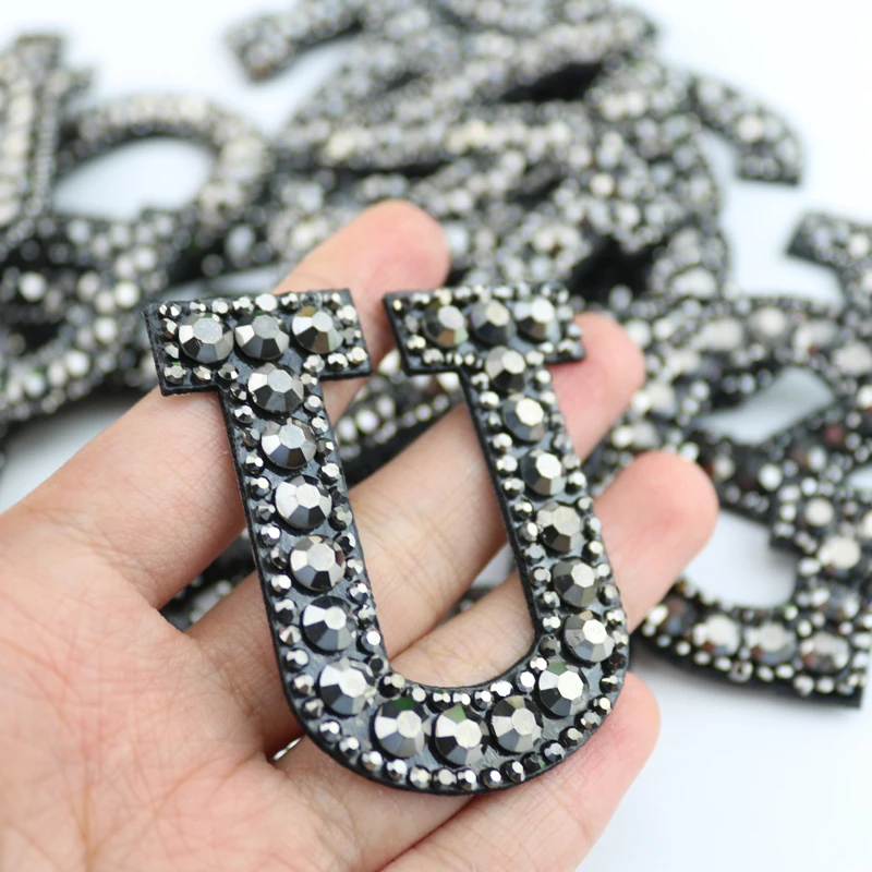 iron on gunmetal rhinestone  A-Z alphabet patches for garment clothing embellishment