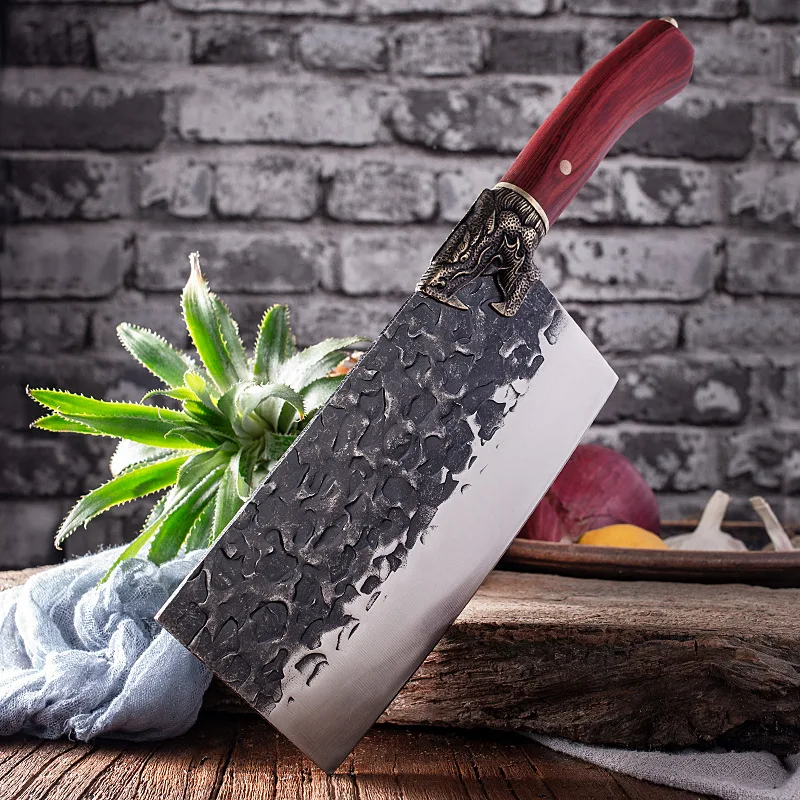Butcher Knife Bone Chopping Slaughter 7 Inch Carbon Steel Meat Cleaver Knives Hand Forge Wooden Dragon Riot Handle
