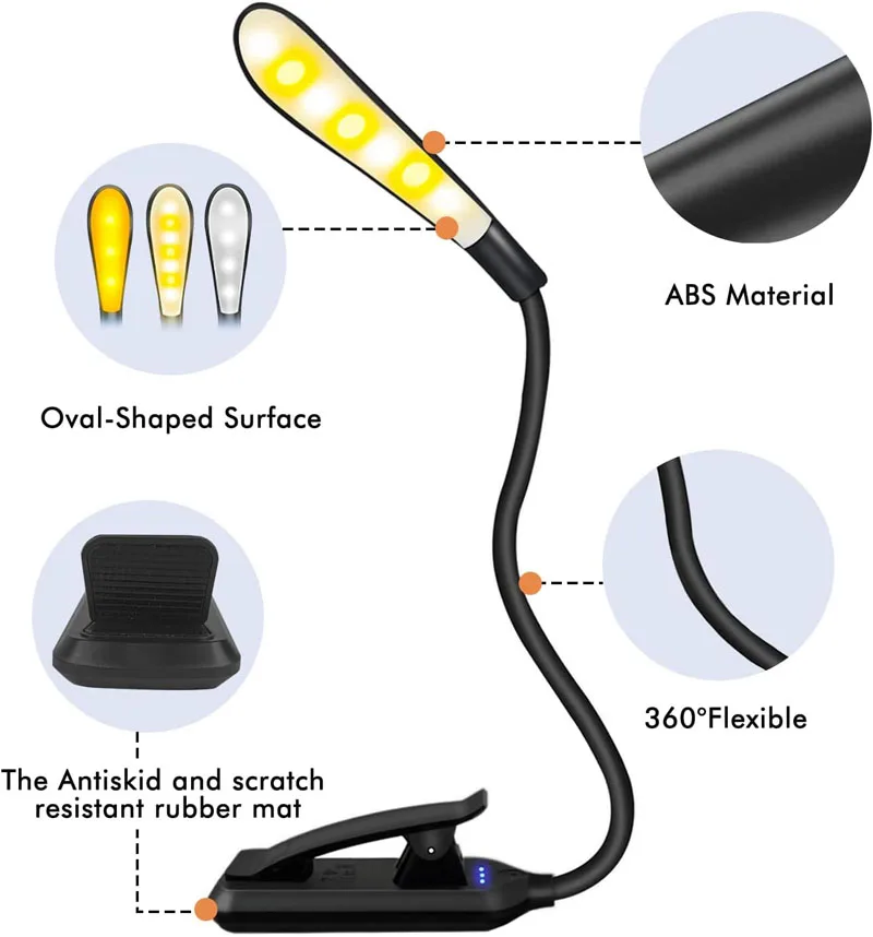 Rechargeable 7 LED Book Light Flexible Clip on Book with Touch Control 3 Brightness Modes for Bed Tablet Home Travel