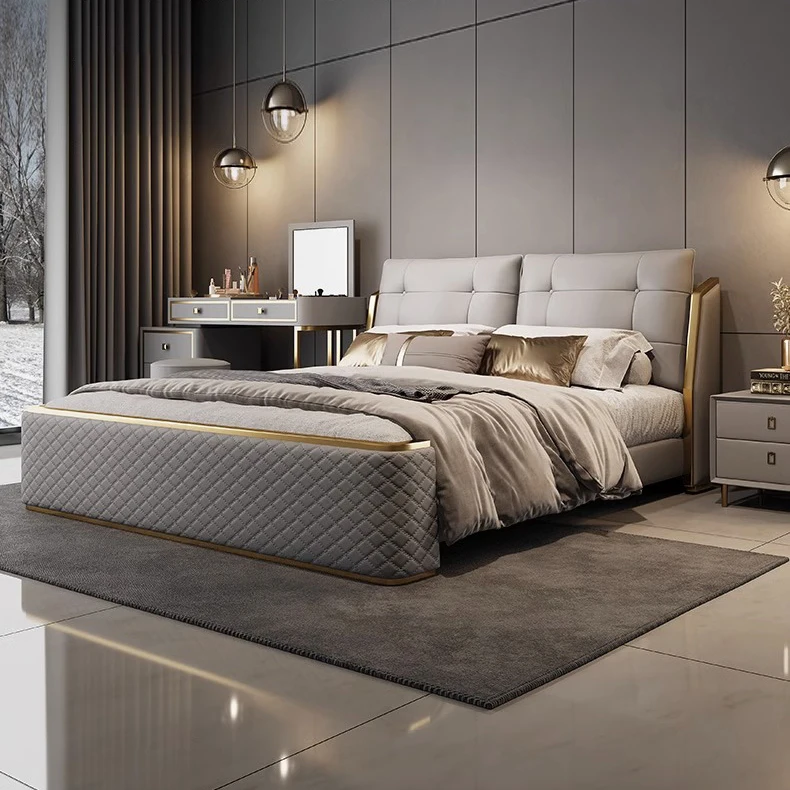 king size Brown leather bed bedroom furniture stainle steel frame master wooden beds villa bed