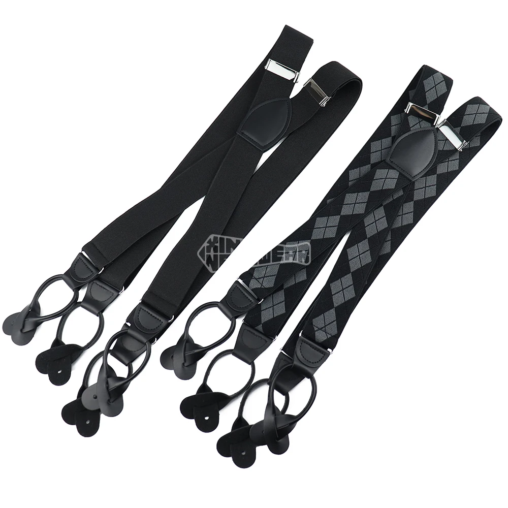 Mens Button Braces Black Old Fashioned Diamond Stretchable Leather X Back Suspenders For Trousers