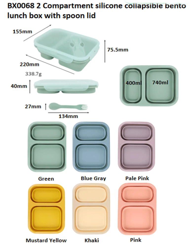Adult Bento Lunch Box 2 Compartment Foldable Silicone Food Storage Containers Box Collapsible Lunchbox With Pp Lids No Bpa
